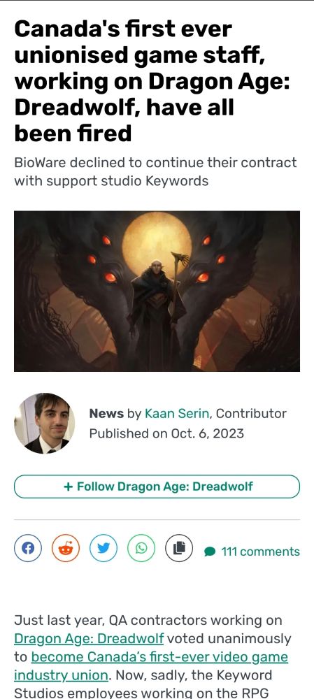 Article showing BioWare firing contractors who unionized.
