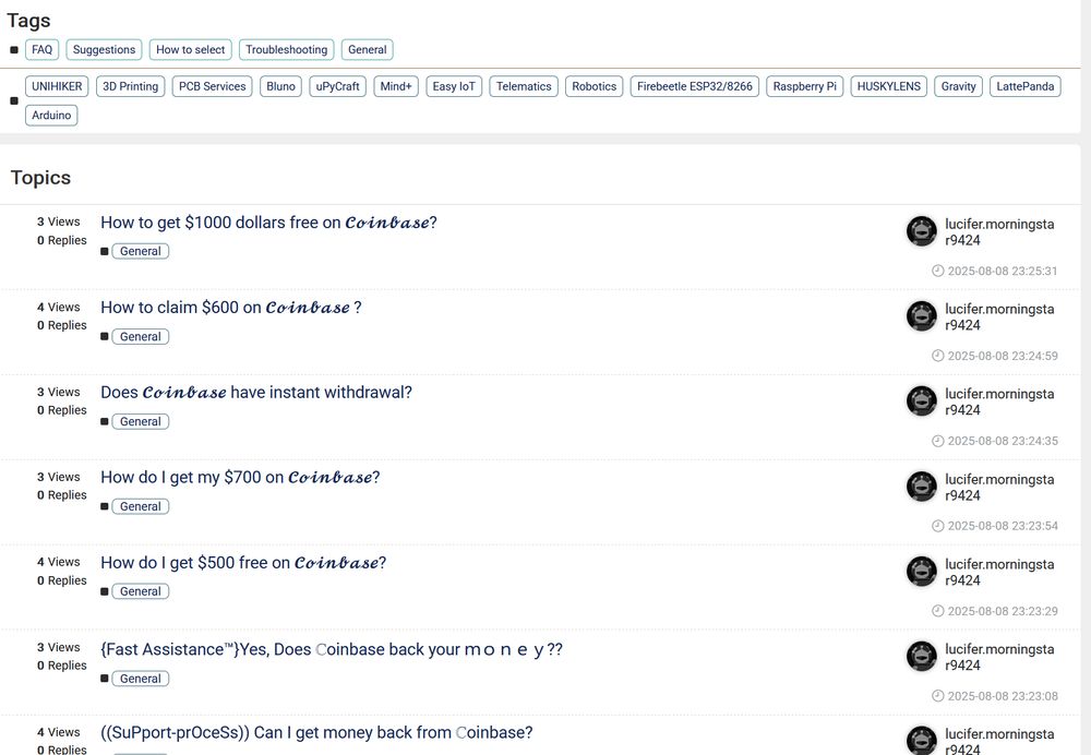 A forum for a robotics parts company flooded with coinbase spam