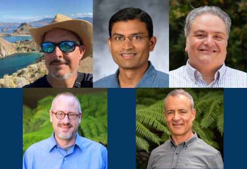 5 headshots of faculty members, clockwise from top left, Michael Gordon, Yoga Isukapalli, Ziad Matni, Andrew Tell, and Matthew Begley