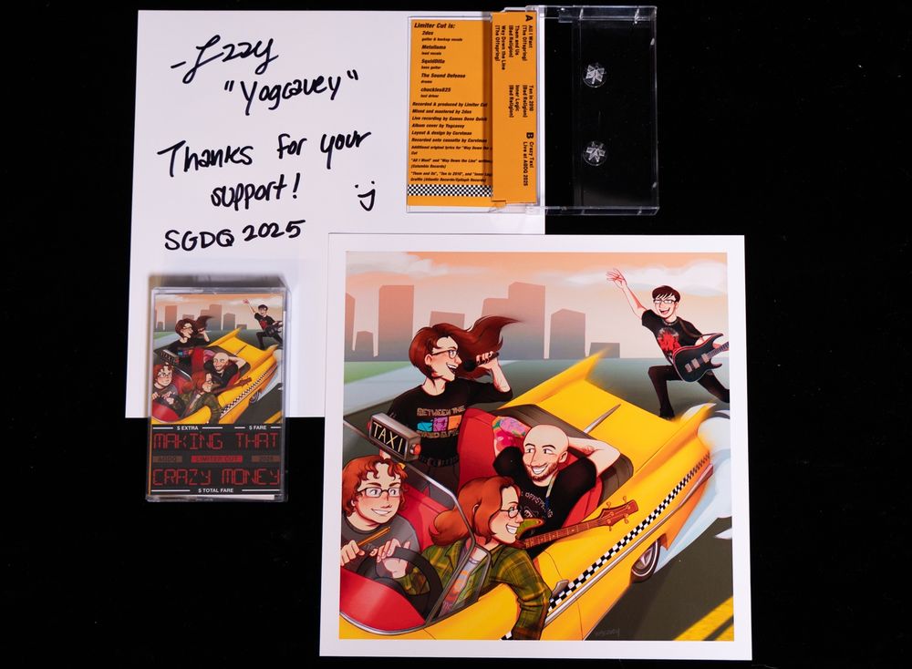 Photo by GamesDoneQuick showcasing the cassette for "Making That Crazy Money" by Limiter Cut and a matching print of the artwork included. 