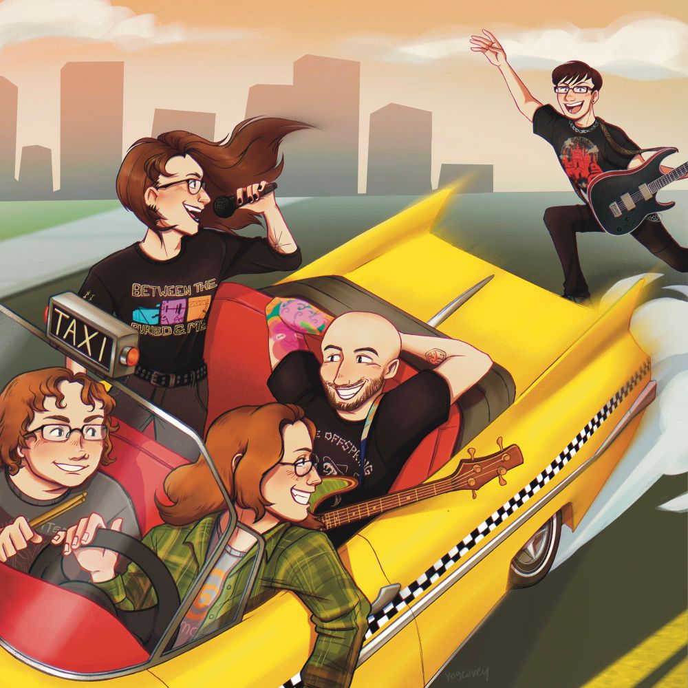 The cover illustration for the casette. It features (left to right) TheSoundDefense and Chuckles825 in the front seat of the titular crazy taxi with Chuckles at the wheel, Metallama and SquidDilla in the backseat, and 2Dos chasing after the taxi trying to get a ride. The energy of the piece is joyful and energetic, Metallama is standing in his seat and singing into a microphone.