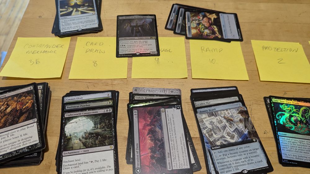A wooden desktop covered with piles of Magic cards. The piles are organized in stacks labeled as sticky notes, reading Commander mechanic, card, draw, removal, ramp, protection, and land. The commander is Vito, Thorn of the Dusk Rose.