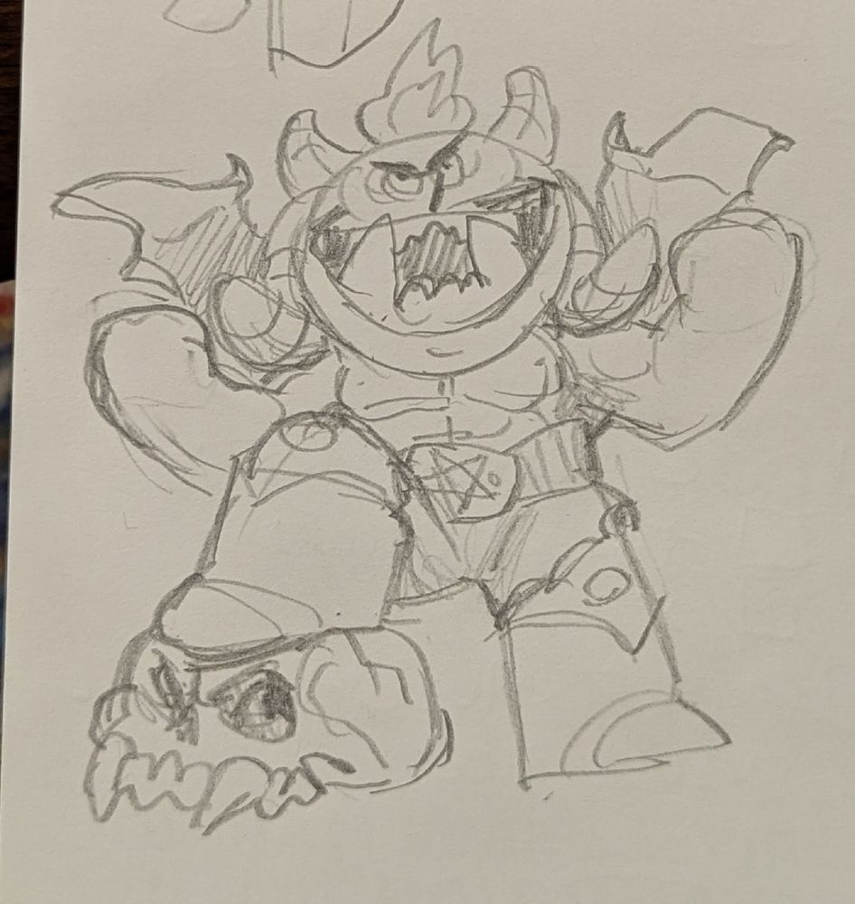 A pencil drawing of a cartoon demon looking triumphant with their foot on a big skull