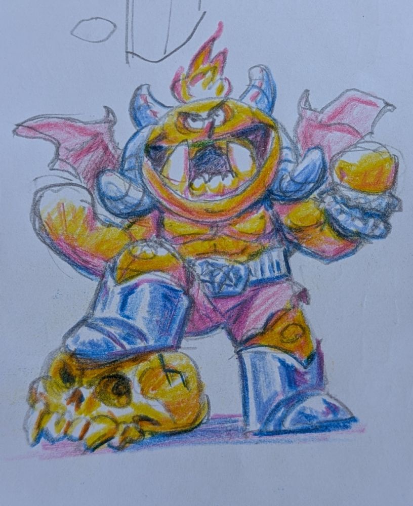 A cartoon demon looking triumphant with it's foot up on a skull. It has wings and horns and flames on its head. The style is cartoony and the colours are orange, pink, and blue.