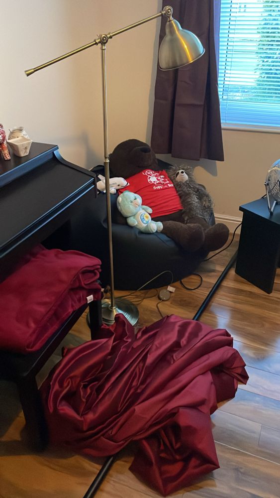 Brown bear on a bean bag chair in the corner of a home office. There is a curtain poke on the floor…