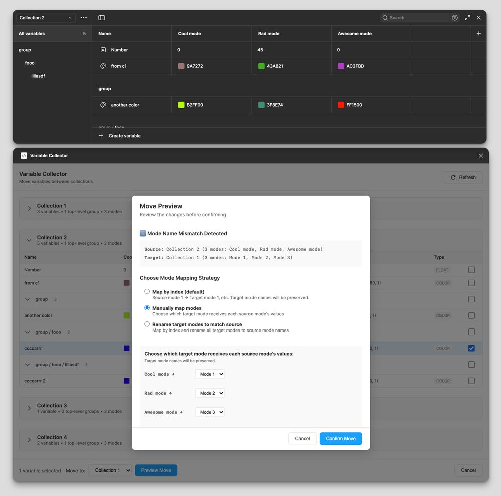 Figma plugin screenshot showing interface for moving variables between collections.