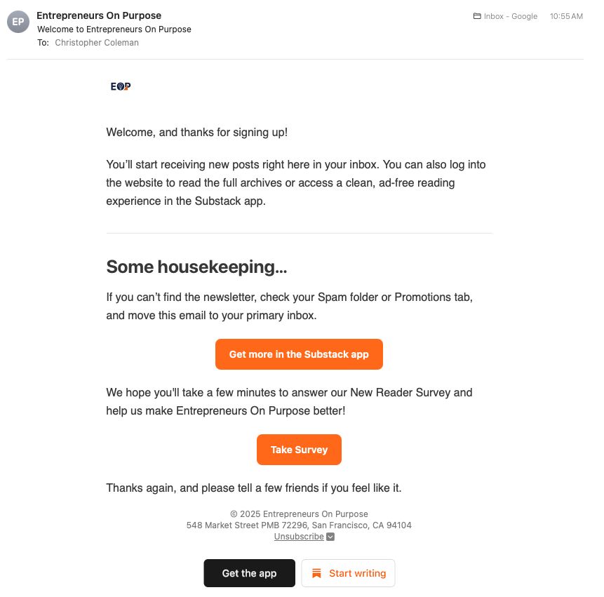 Substack welcome email from "Entrepreneurs on Purpose"