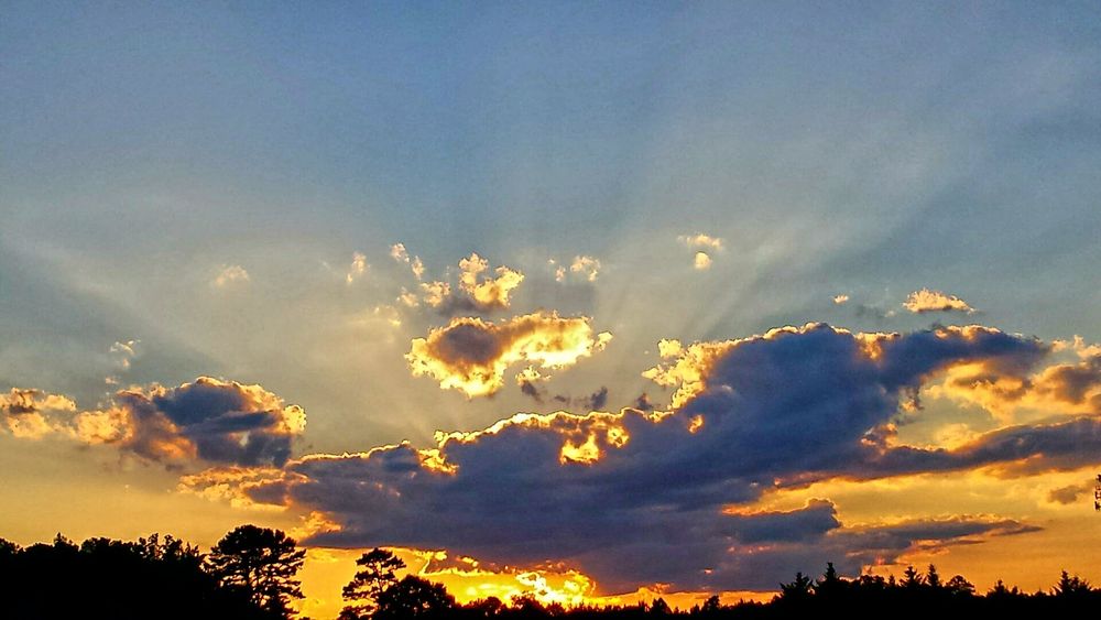 The sky is ablaze with a symphony of colors as the sun dips below the horizon. Clouds, tinged with hues of orange and pink, cast long shadows across the landscape. Rays of sunlight, like golden spears, pierce through the clouds, illuminating the sky with a divine glow. The silhouette of trees against the fiery backdrop creates a picturesque scene, evoking a sense of tranquility and awe.
