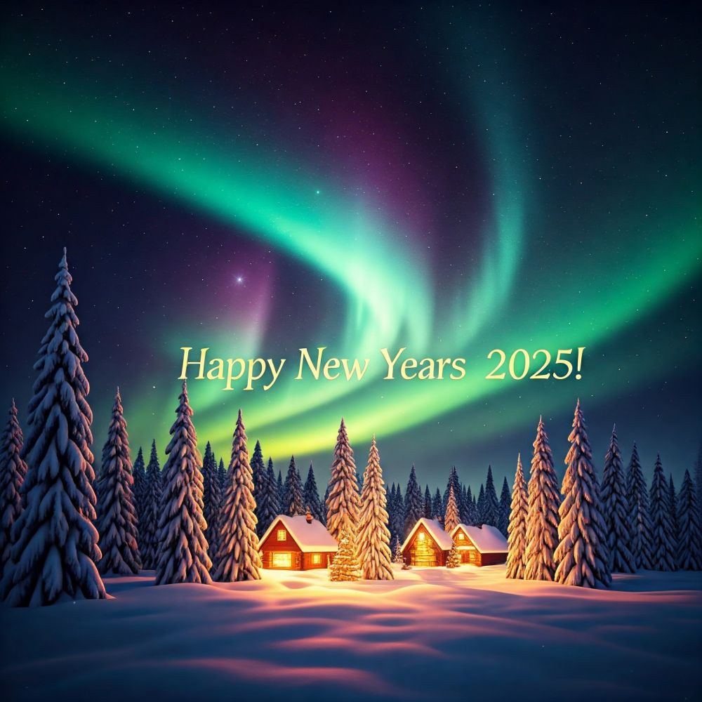 The winter sky erupted in a kaleidoscope of colors, a vibrant green aurora borealis dancing across the heavens. Below, a blanket of snow muffled the forest, each pine tree standing tall and proud, its branches heavy with the weight of fresh powder. Nestled amongst the trees, three cozy cabins glowed with a warm, inviting light. It was as if the universe itself had conspired to create this magical scene, a winter wonderland fit for a fairytale.
And then, as if to punctuate the scene, the words "Happy New Years 2025!" appeared, a silent promise of hope and renewal. It was a moment to be savored, a reminder that even in the depths of winter, beauty and wonder could be found.
