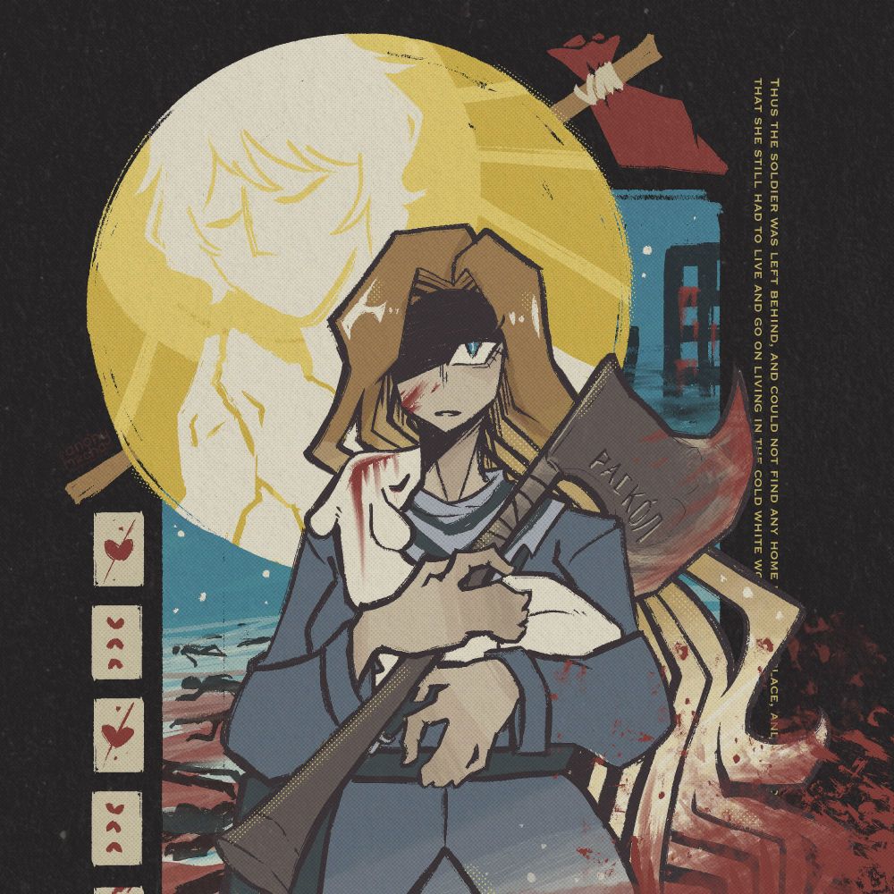 Digital illustration featuring Rodion or Rodya from Limbus Company. She standa at the foreground of the composition, face half cast in shadow, with only one eye visible. She’s in her Yurodiviye uniform, holding her axe and a lamb in her arms. The lamb is depicted to have a bleeding wound across its head, meanwhile her axe is bloody at the edge. Her hair fades into white only to be splattered with blood in the end. In the background, it shows her neighborhood, snow falling, corpses and blood across the ground. In front of it is a large yellow circle featuring a white silhouette of Sonya adorned with a bright halo, he is depicted in a position of prayer. There’s also a stick with a red nosebag at the end and under the end of the stick a set of Heart suit cards are laid out to spell 1313. Behind it all is text saying “Thus the soldier was left behind, and could not find any home in either place, and for long after that she still had to live and go on living in the cold white world”.