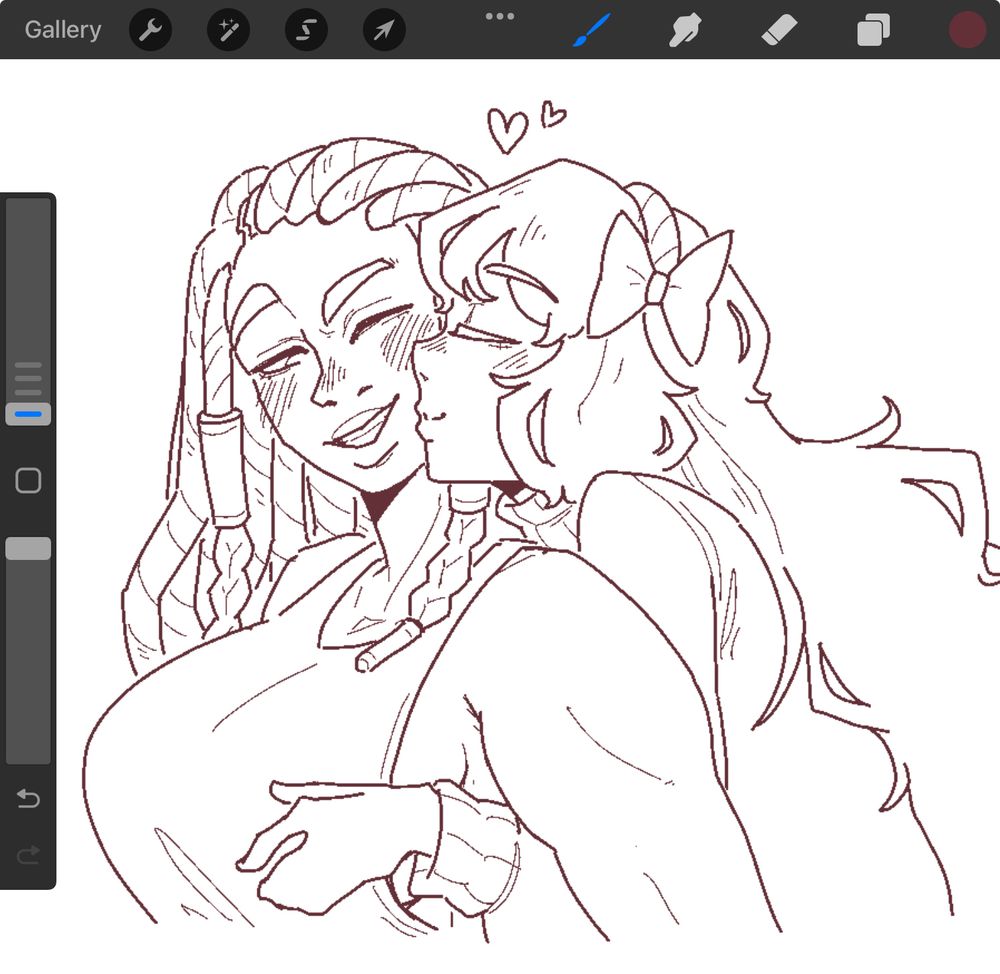 Monochrome doodle of Queequeg and Ishmael from Limbus Company. Ishmael is wearing her headband and a turtleneck sweater, meanwhile Queequeg wears a tank top. Ishmael is kissing Queequeg’s cheek from behind with a small smile and slight blush, her hand somewhere on the other’s chest. Queequeg receives the kiss with a grin and one eye shut, blushing a lot more. There are two hearts floating above them.