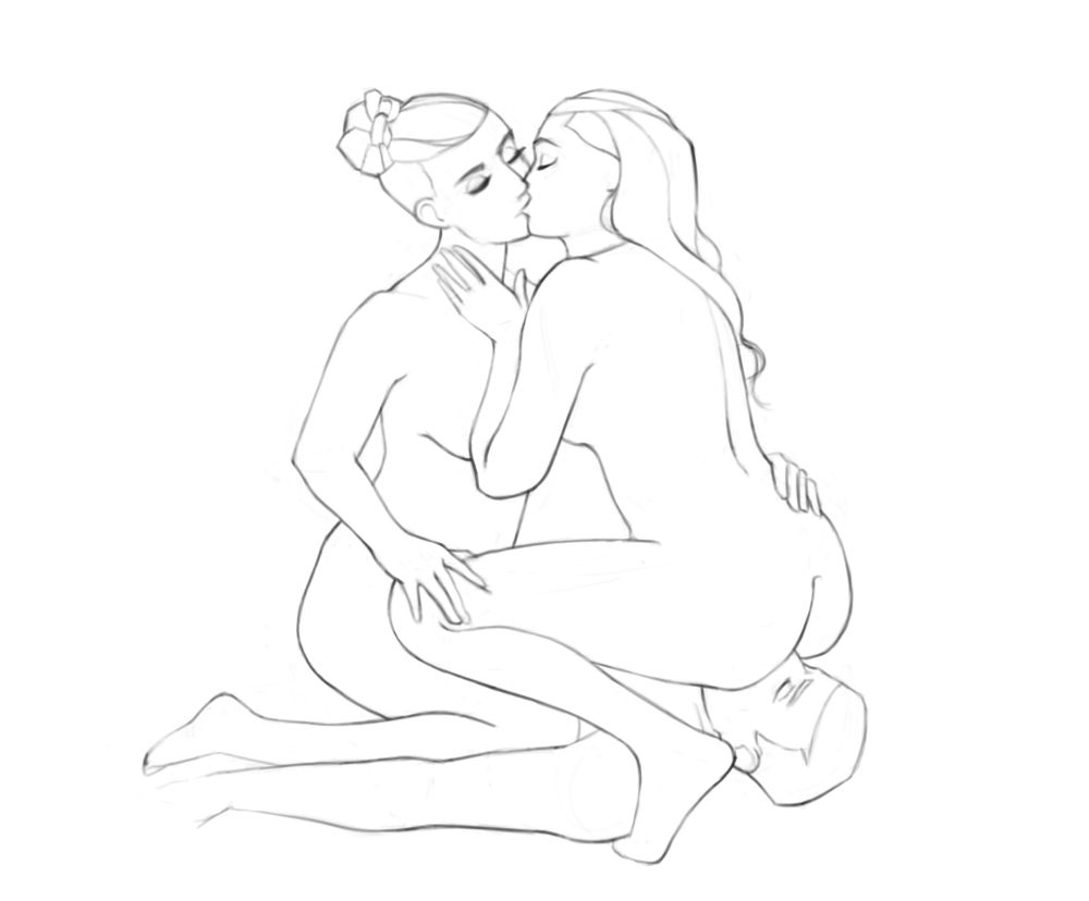 Line art drawing of an ffm threesome