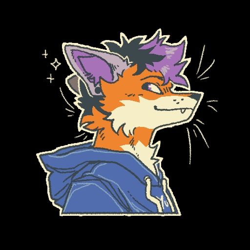 A headshot of Scramble, a purple and orange fox with mismatched ears. They're wearing a blue hoodie and have a happy, confident expression 