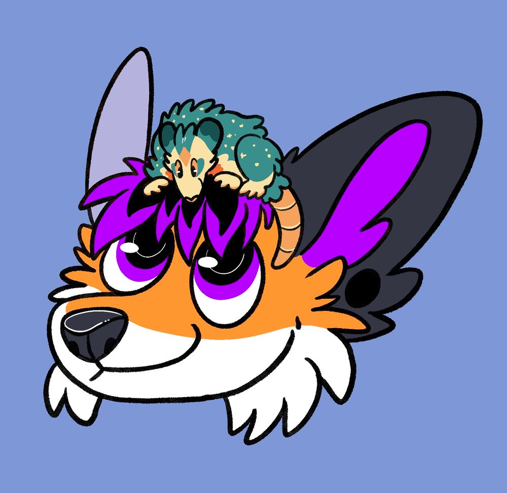 Drawing of Scramble, a purple and orange fox with mismatched ears, with Charts the teal, starry opossum sitting on their head. Scramble is looking up at Charts while Charts looks back at them. Both are smiling.