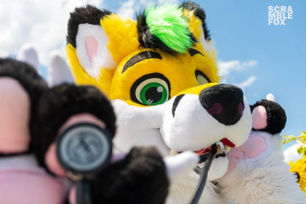 Photo of Zingo, a yellow fusky fursuiter with green hair, holding a stethoscope up to the camera.