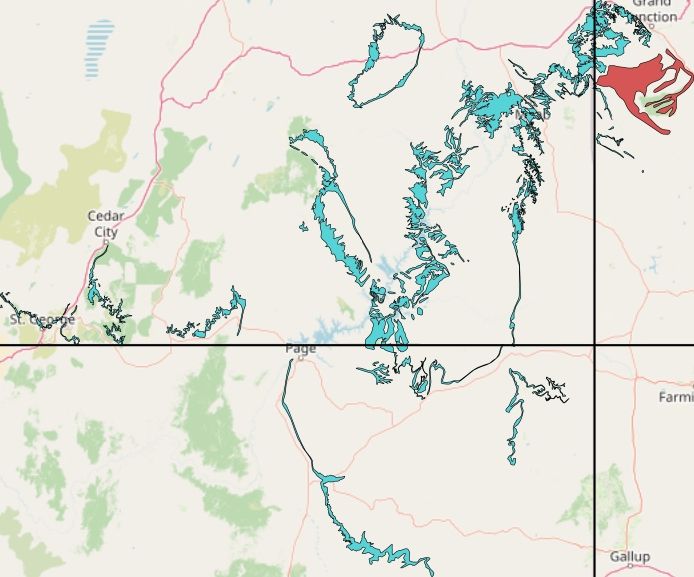 a simple map of the border between Arizona, Utah, Colorado, and New Mexico showing the location of a group of rocks.