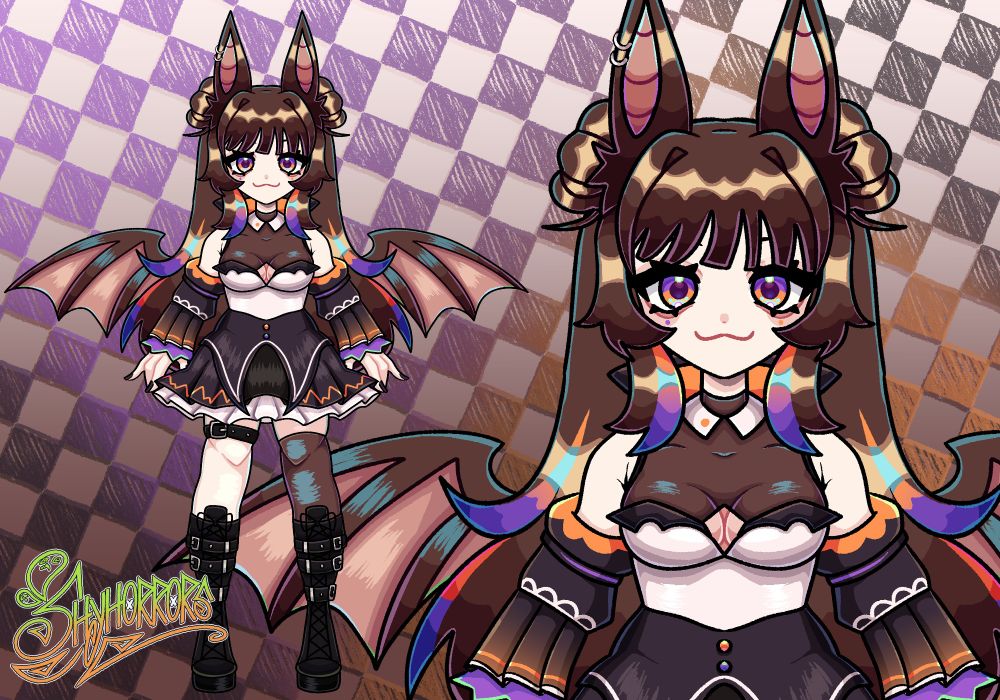 model art commission for neyumeneko who is bat girl vtuber with halloween colored accents to the design