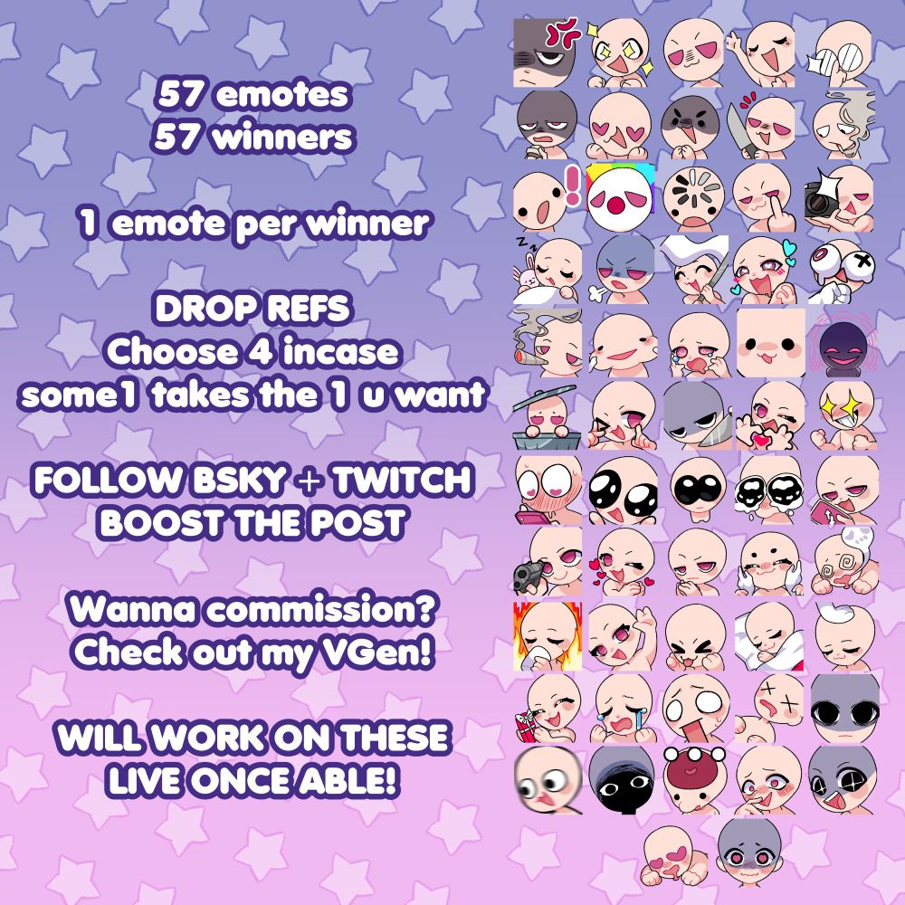 image showcasing 57 emote bases for an emote raffle that is available for those who are vtubers, have furry ocs / fursonas, or want to enter in their original characters!

from this raffle, there will be 57 winners who are guaranteed 1 emote unless @shyhorrors reaches 1400 on both twitch & blue sky he'll boost the emote win count to 3 per 57 winners (holy moly thats 171 free emotes if we get there)

the rules for the emote raffle (all are mandatory):
- drop character references (will not count just like & retweet entries)
- choose 4 of the shown bases in case the one you highly want is taken by someone else
- follow @shyhorrors on twitch & blue sky
- boost the post!

Kenny will be working on these live once he starts selecting winners, more people can enter as long as the raffle is still ongoing, so no private work.

If you're looking for private/NDA work or want to help Kenny with his living costs, consider commissioning him @ vgen.co/shyhorrors