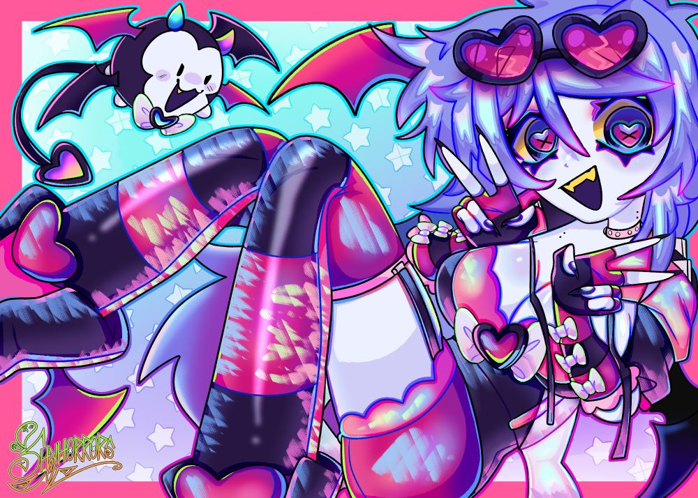 Illustration of my vtuber, Echo; in a floating position with both hands close to chest doing peace signs, legs are bent downwards. There is also a little imp creature in the top left. The post is also a raffle, to enter you have to follow @shyhorrors.bsky.social , retweet/repost the artwork, and drop your character reference!