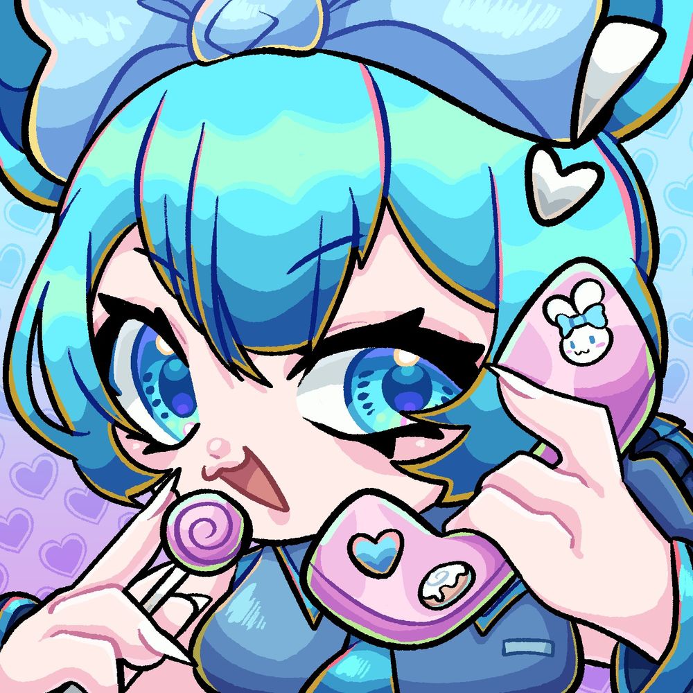 fanart of hatsune miku with the cinnamoroll hairstyle, she's holding a lollipop to her mouth and an old phone in her other hand. the phone has stickers showing cinnamoroll in the same "hairstyle" as well as a blue heart, and cinnamon roll