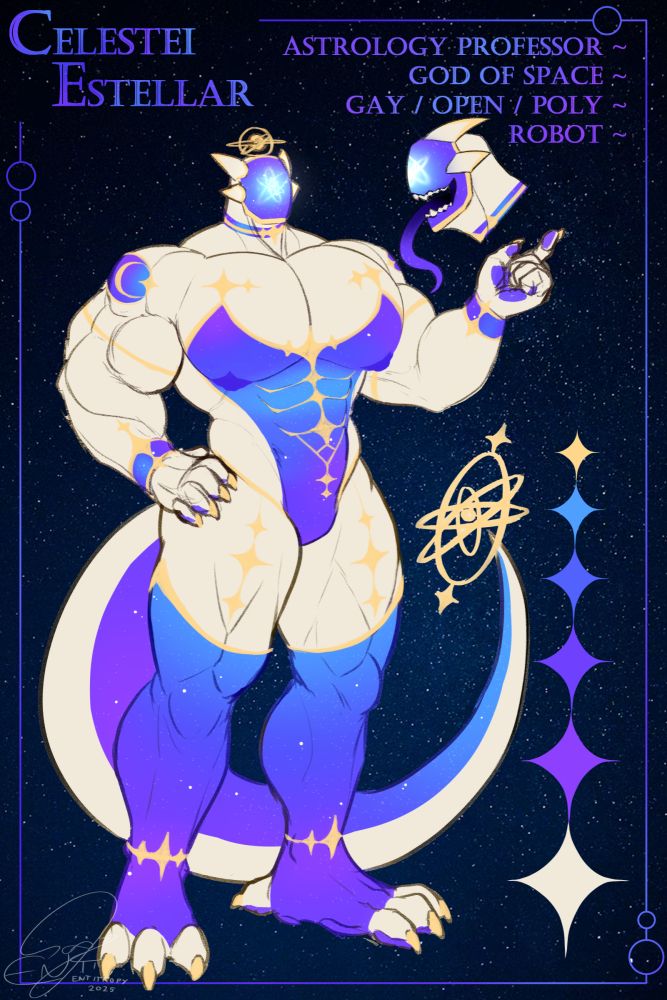 Space is gay and he is slaying!  Meet my new robot OC, the God of Space, Celestei Estellar!