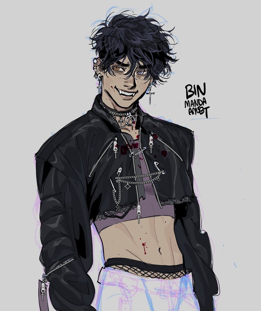 A vampire oc i've had for a few years. his aesthetic is late 80s alternative/punk. 