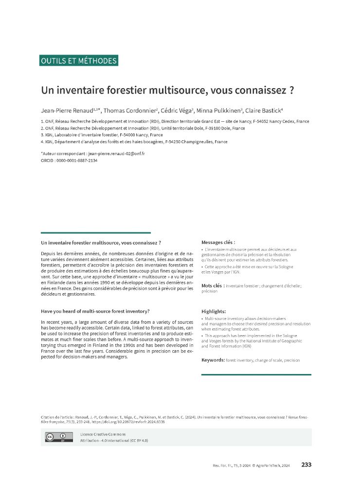Article "Un inventaire forestier multisource, vous connaissez ?" écrit par Jean-Pierre Renaud, Thomas Cordonnier, Cédric Véga, Minna Pulkkinen, Claire Bastick - page 1