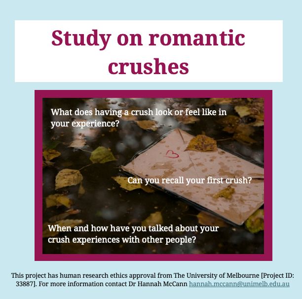 A social media tile advertising the study, titled "study on romantic crushes" with an image of an envelope with a small love heart drawn on it wallowing in a puddle with leaves