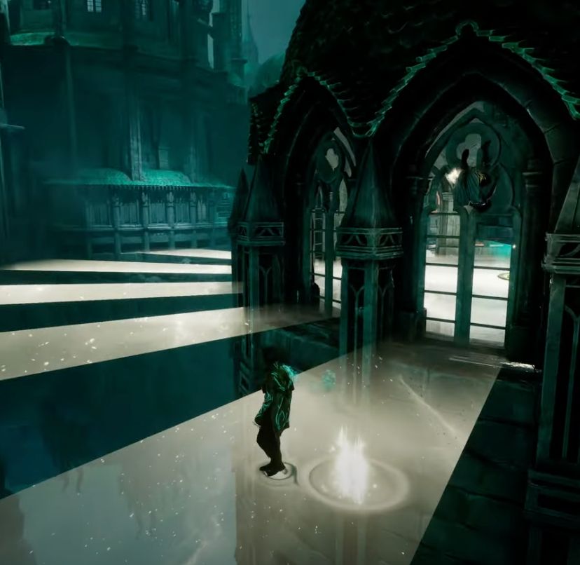 light rays forming platforms through the windows of a circular room