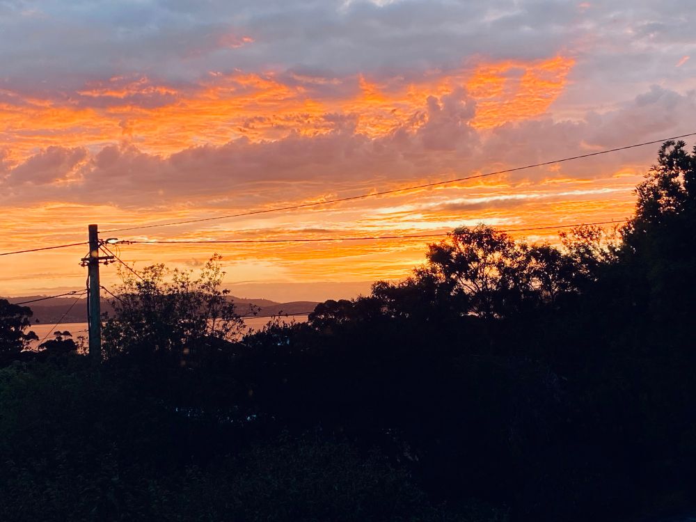 Photograph of the morning sky looking south down the Derwent river over trees in the foreground. It is sunrise and the sky is a mixture of orange and blue clouds.