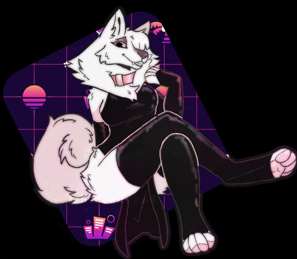 A samoyed dressed in a black dress, tights, and gloves