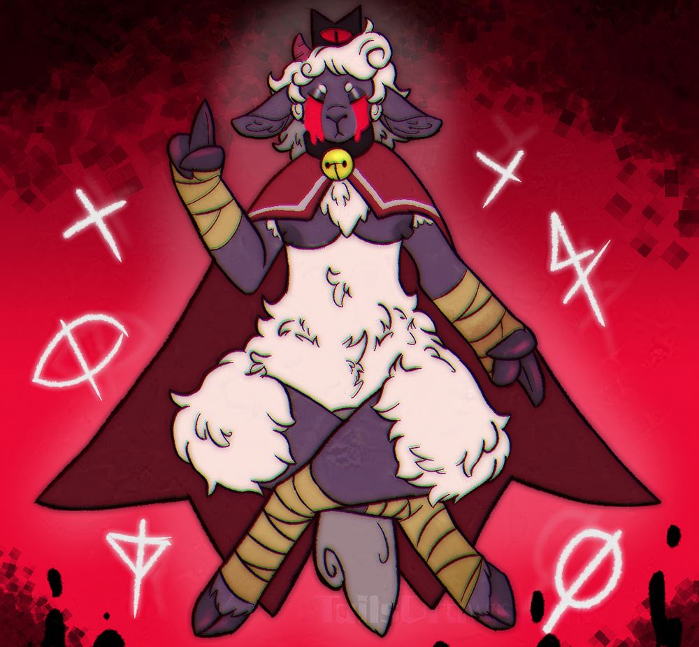 An anthropomorphic lamb (The Lamb from Cult of the Lamb specifically) floating with their legs crossed and arms pointed in opposite directions. Their arms and legs are bandaged. Blood leaks from their closed eyes.