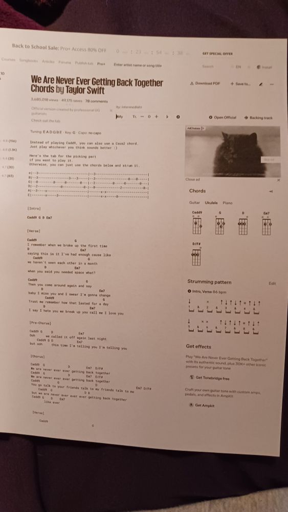 A printed piece of paper with the lyrics and ukulele chords for We Are Never Ever Getting Back Together by Taylor Swift.