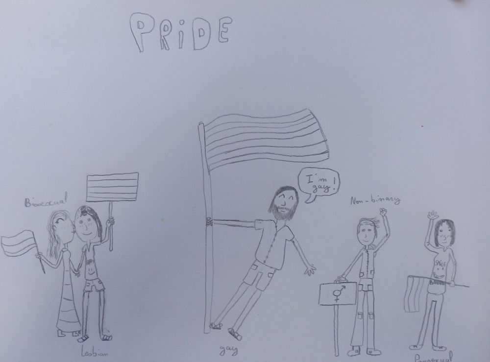 un dessin d'enfant intitulé "Pride" et qui représente des couples ou personnes légendées "bisexual", "gay", "non binary" et des drapeaux rayés