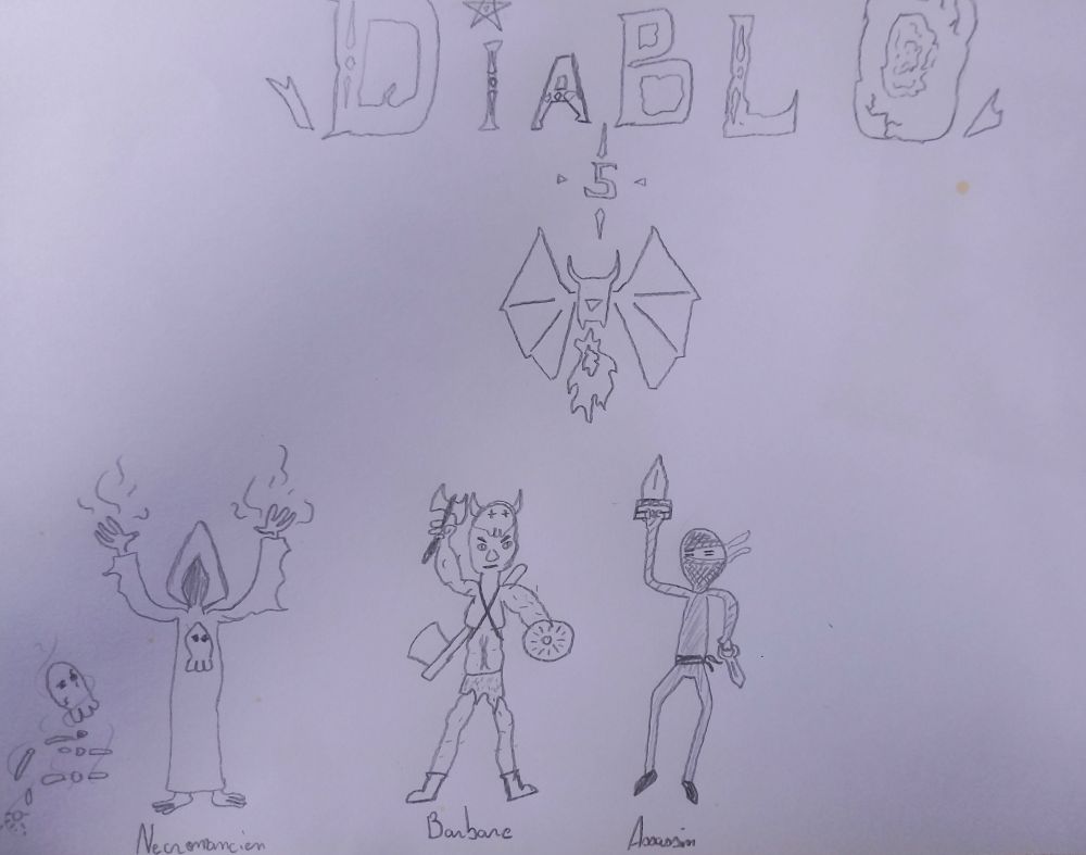 un dessin d'enfant intitulé "Diablo 5" avec des personnages : nécromancien, barbare, assassin (qui ressemble à une sorte de ninja), et un squelette
