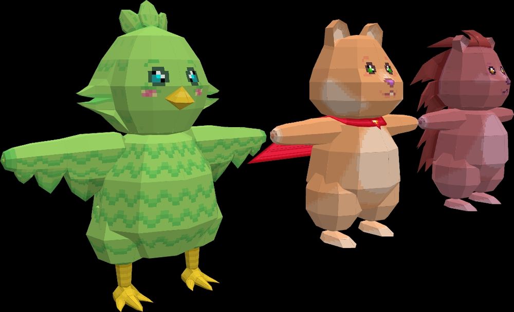 A bird, a hamster and a hedgehog made in low-poly and pixel art textures.