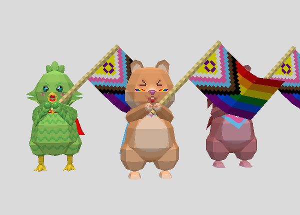 Low poly animals waving pride flags while wearing capes of the said flags.
