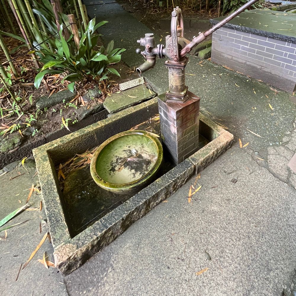 昔ながらの手押しポンプ。ポンプを動かすと水が出て、受け皿の鉢が鈴のような音を奏でていた。