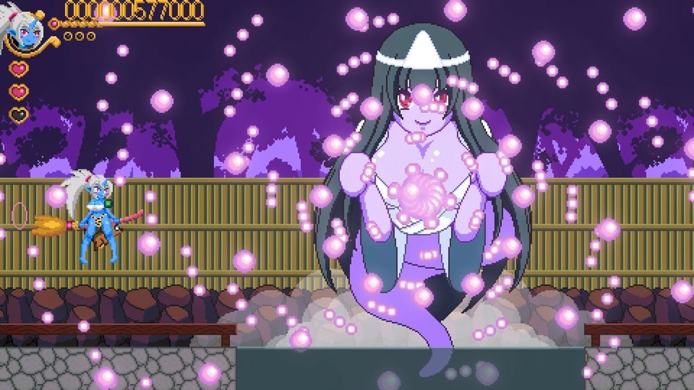 A SHMUP game with a blue oni-girl fighting against a giant ghost-girl (yurei)