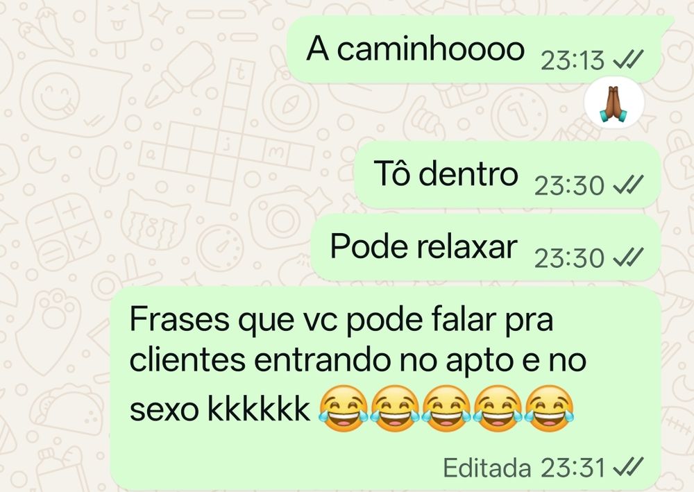 Print de WhatsApp onde eu digo em uma frase a caminho, as 23:13, em outra tô dentro às 23:30 e em outra pode relaxar também às 23:30 e pra fechar outra frase dizendo: frases que você pode falar para clientes entrar no apartamento e no sexo