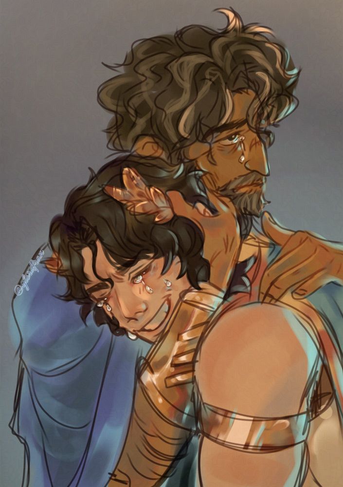 Odysseus crying while hugging Telemachus who's smiling and crying on his father's shoulder, after being 20 years away from each other.