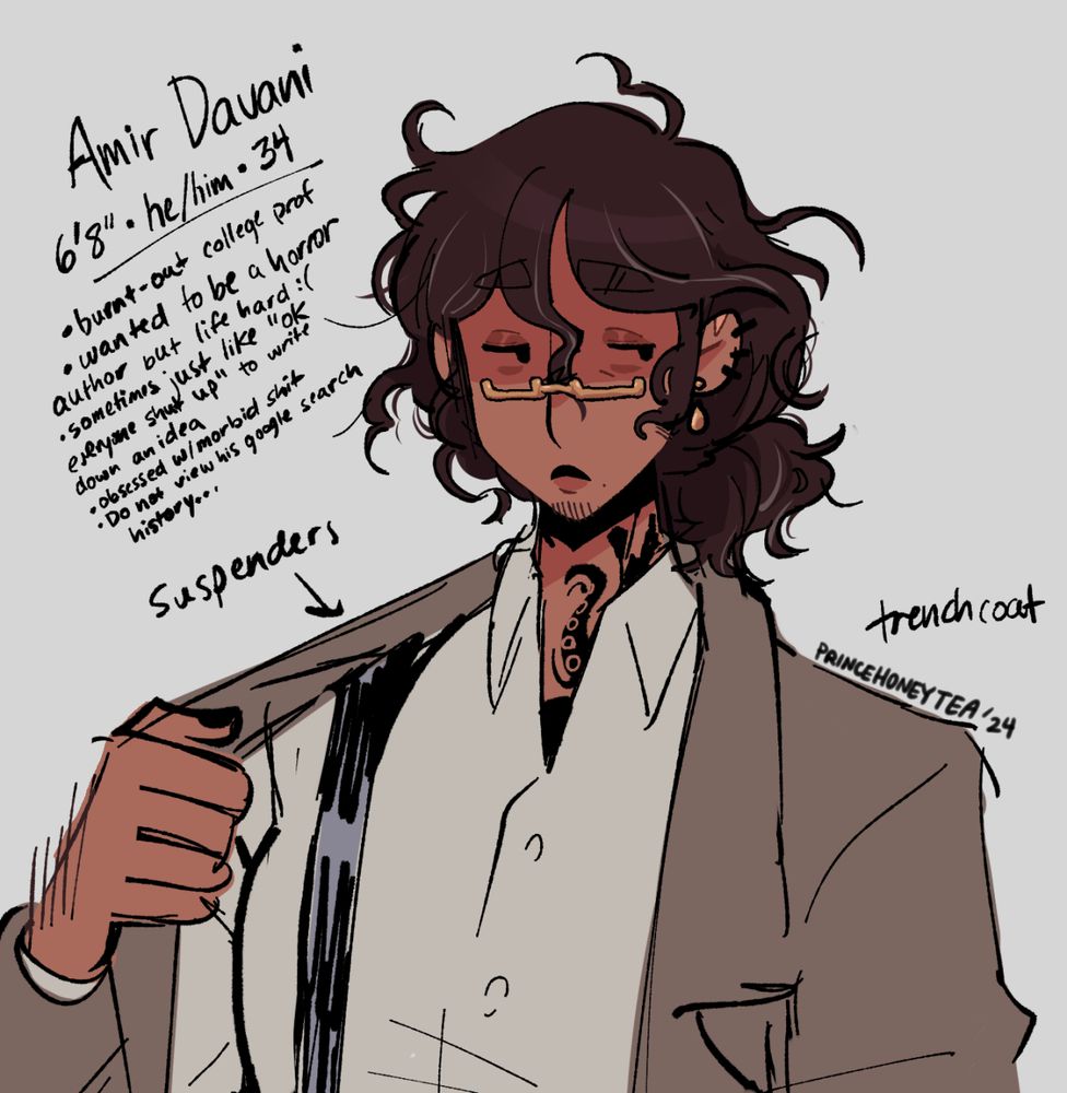 A drawing of a tired-looking man with scruffy features and long hair. He's wearing golden glasses, an array of earrings, and a trenchcoat. Black tattoos peek out from the collar of his shirt.