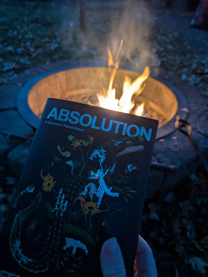 Me preparing to do a little fireside reading of Jeff Vandermeer's latest in the Southern Reach series, "Absolution". 
