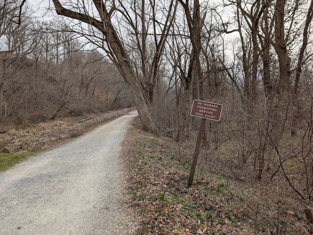 the chesapeake & ohio canal towpath at swain's lock. "no horses permitted beyond this point" according to the sign when you are heading downstream (towards georgetown). riding the towpath on horseback would probably be more fun than biking (for me). I've biked 10-30 miles at a time on the towpath, and it's okay. 