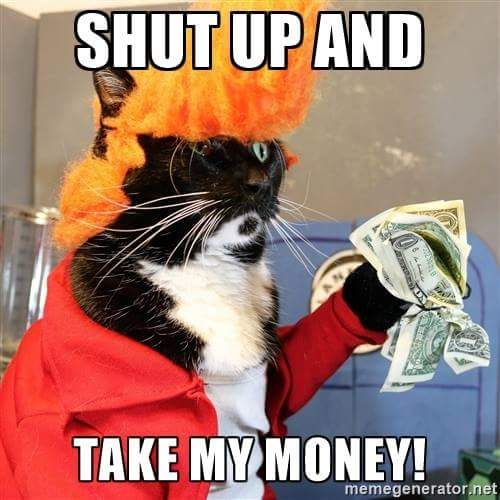 The "shut up and take my money" meme, as reenacted by a cat in a costume.