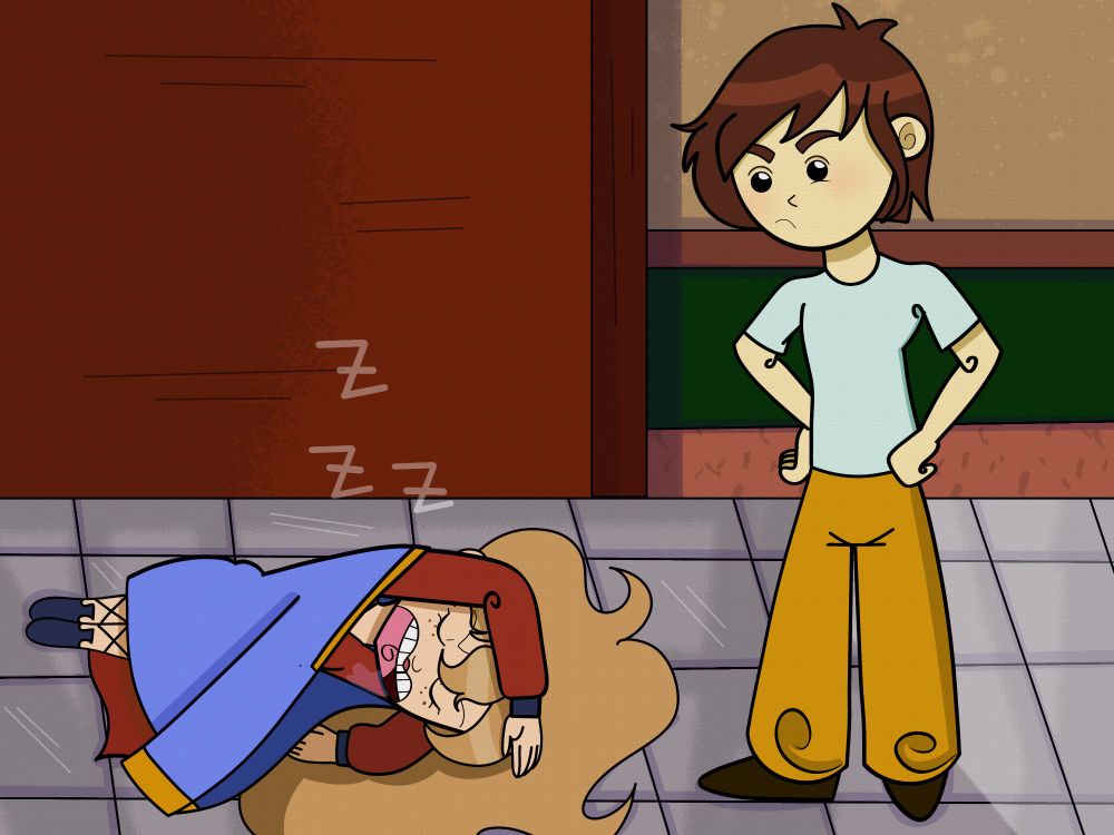I had planned for Sadie to put Wing's underwear as a flag in the temple. (I'm kidding, I'm kidding, keep reading). After a hard training, Wing enters the temple to put on his shirt, but realizes that it was not in the place where he had left it. "Where is my shirt?" he asked himself while scratching his head with his finger, so he decides to walk through the temple, how was it possible that his clothes disappeared? But when he reaches a room, he sees Sadie asleep with the shirt on top of her as a blanket. Wing raised an eyebrow at seeing Sadie sleeping so peacefully, but at the same time he wondered, Why my clothes? Was it so difficult for Sadie to get a blanket? Or was she just doing this to bother him? She definitely did it because she didn't feel like looking for a blanket. The end xD