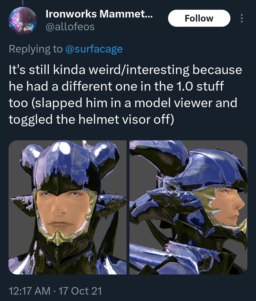 Twitter screenshot from user @allofeos. The post text reads:

It's still kinda weird/interesting because he had a different one in the 1.0 stuff too (slapped him in a model viewer and toggled the helmet visor off)