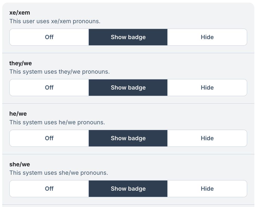 screenshot of the labels page where you can set their visibility (Off / Show badge / Hide)