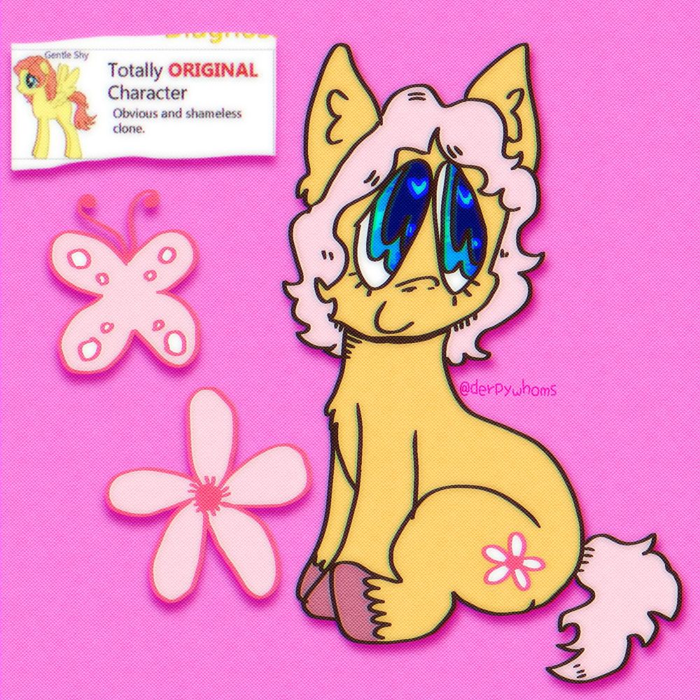 a yellow earth pony with short light pink hair, darker pink hooves and blue eyes. her cutie mark is a white flower with a pink outline
