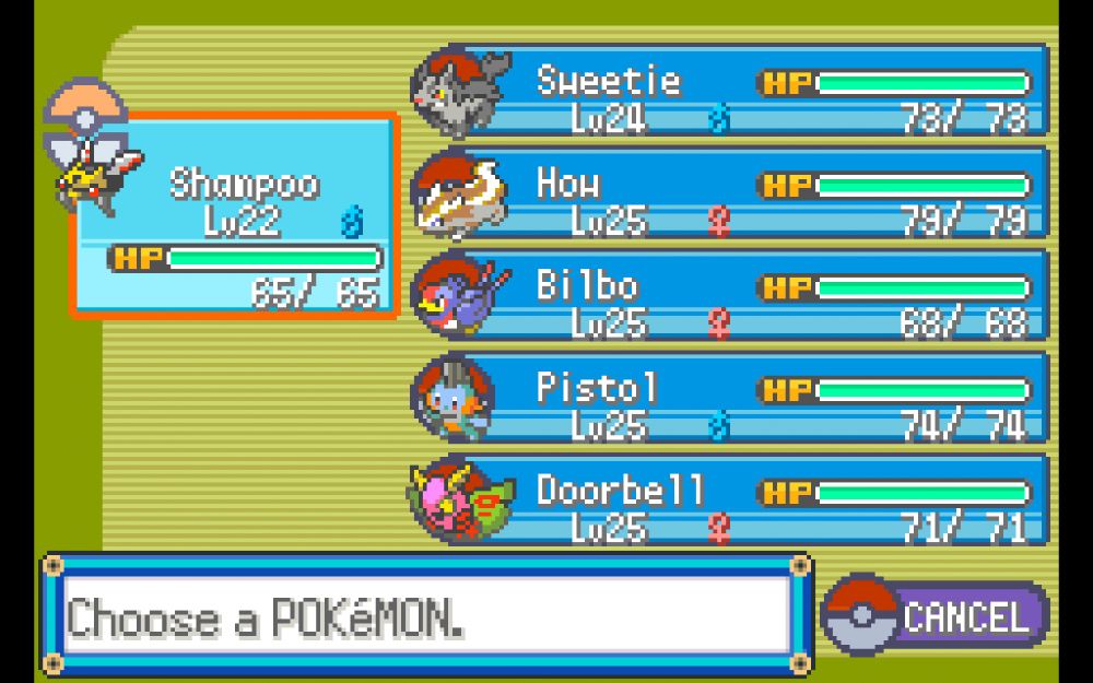 A screenshot of the party screen in Pokemon Emerald. The Pokemon in the party are a Ninjask, a Mightyena, a Linoone, a Swellow, a Marshtomp, and a Dustox. 